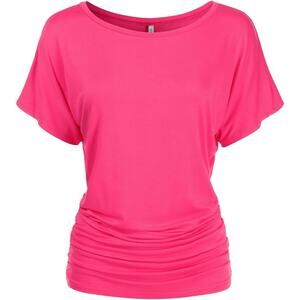 Danibe Short Sleeve Dolman Boat Neck Fucshia Top w/ Side Shirring Size Med NWOT